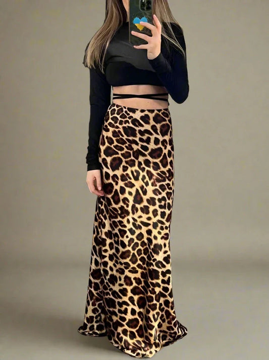 Langer Rock – Vintage Leopardenmuster Hohe Taille – Sommer Satin