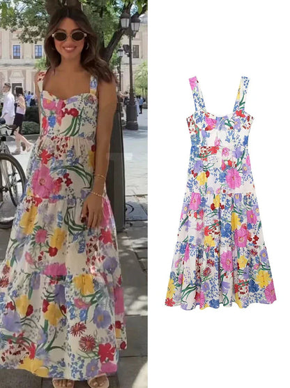 Damen – Maxikleid – Baumwolle ärmellos Blumendruck – Sommer