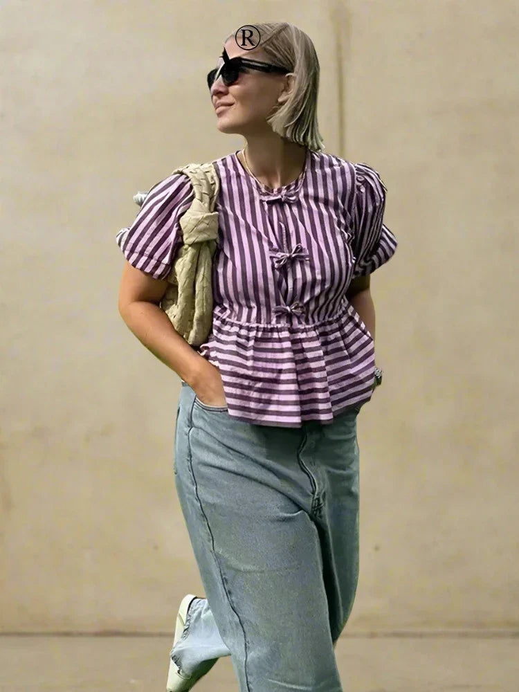 Damen- Bluse- Puffärmel mit Krawatte- Baumwolle- Sommer