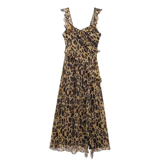 Damen- Kleid- ärmellos Leopardenprint- Baumwolle- Sommer