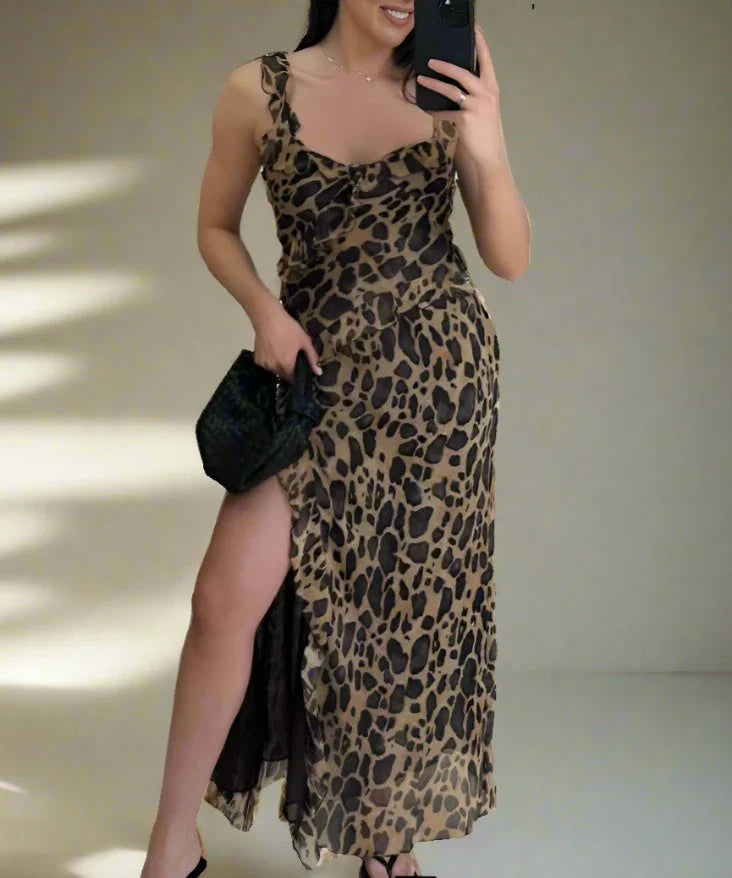 Damen- Kleid- ärmellos Leopardenprint- Baumwolle- Sommer