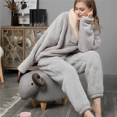 Damen - Pyjama Set - Flanell Fleece Plüsch - Bequeme Nachtwäsche - Herbst