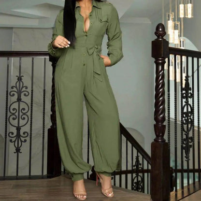 Jumpsuit mit V-Ausschnitt Rundhalsausschnitt im Business Stil und Schnallendetail