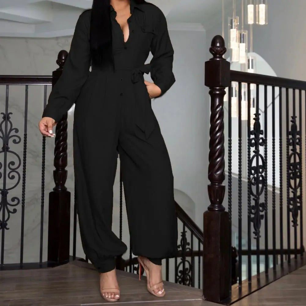 Jumpsuit mit V-Ausschnitt Rundhalsausschnitt im Business Stil und Schnallendetail