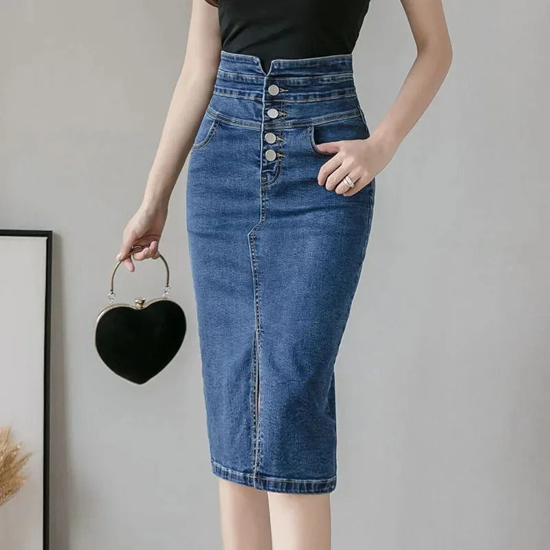 Langer Jeansrock mit hoher Taille im koreanischen Sommerstil