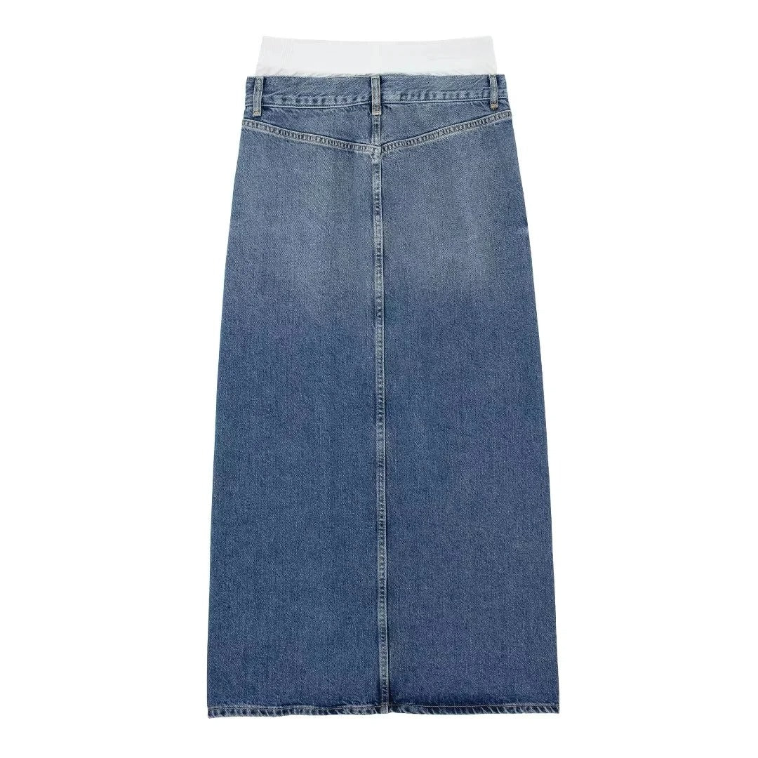 Denim Sommerrock lange Länge mit einem Schlitz auf der Vorderseite und in blau gefärbt