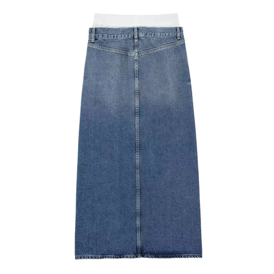 Denim Sommerrock lange Länge mit einem Schlitz auf der Vorderseite und in blau gefärbt