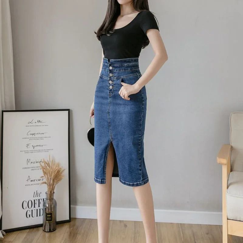 Langer Jeansrock mit hoher Taille im koreanischen Sommerstil