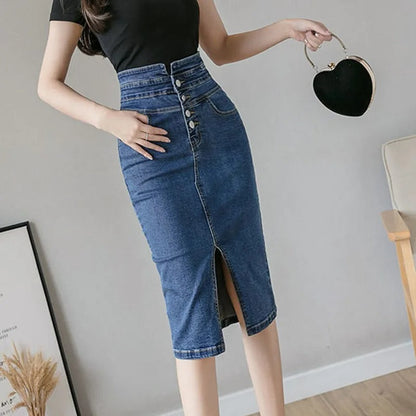 Langer Jeansrock mit hoher Taille im koreanischen Sommerstil