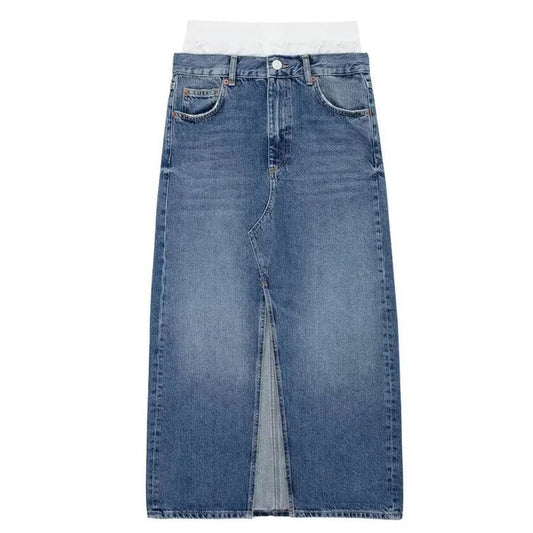 Denim Sommerrock lange Länge mit einem Schlitz auf der Vorderseite und in blau gefärbt