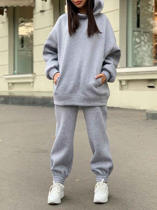 Kuscheliges einfarbiges Kapuzensweatshirt-Set mit Seitentasche