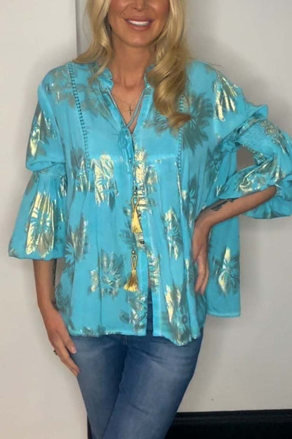 Elegante V-Ausschnitt Goldfolie gedruckt Frauen Bluse