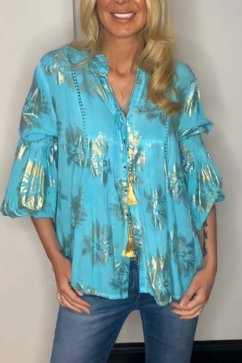Elegante V-Ausschnitt Goldfolie gedruckt Frauen Bluse