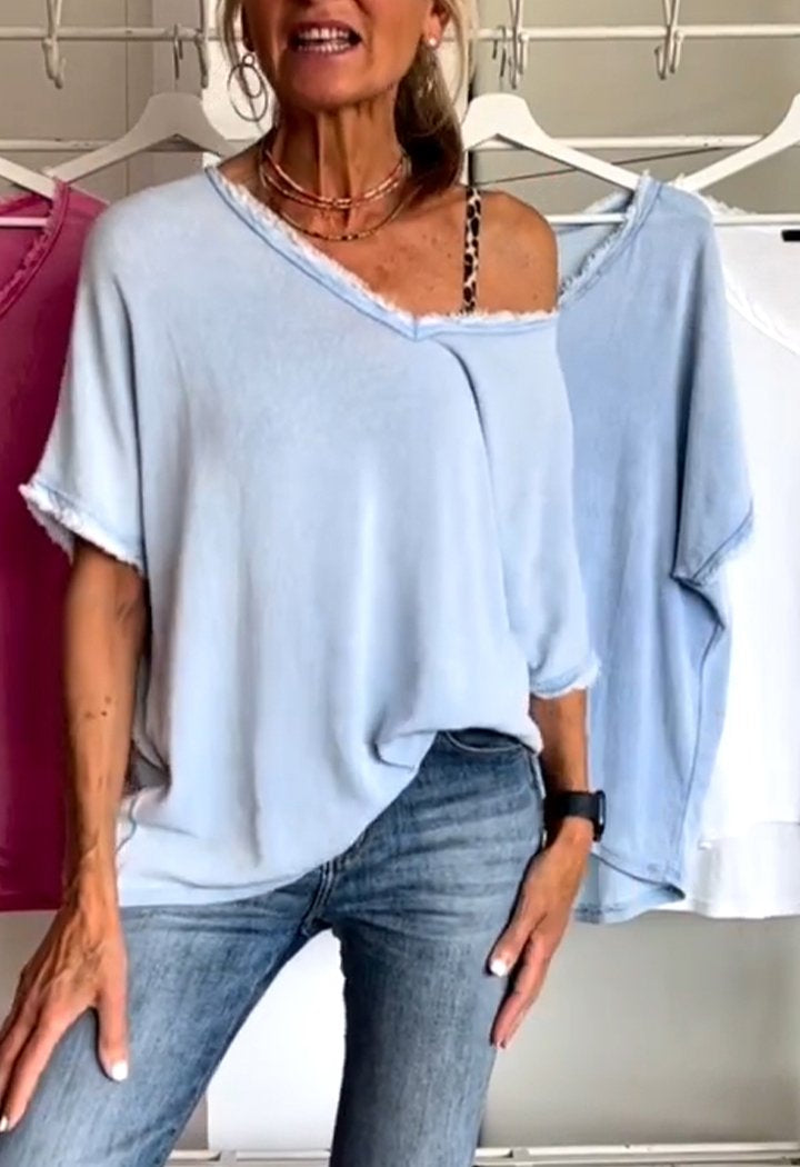 Solide Farbe V-Ausschnitt Damen Top für bequeme Sommer-Look