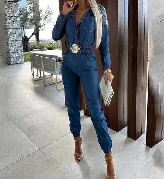 Blauer Jumpsuit mit V-Ausschnitt, elastischer Taille und Schnallendetail