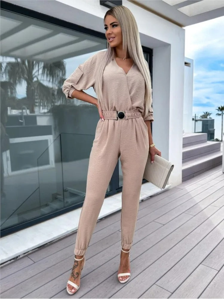 Eleganter Party Jumpsuit schlanke Hose mit V-Ausschnitt und Gürtel Design