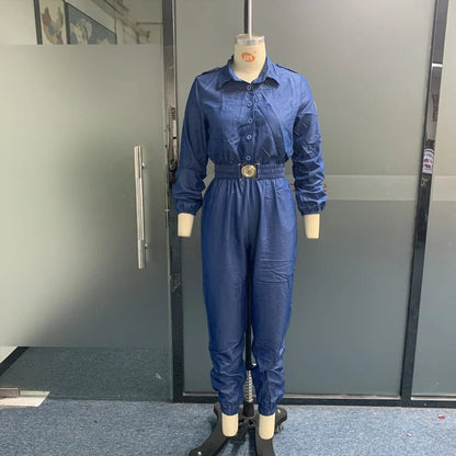 Blauer Jumpsuit mit V-Ausschnitt, elastischer Taille und Schnallendetail