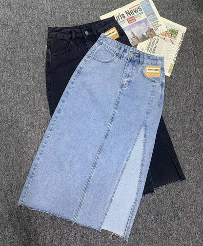 Retro hellblauer langer Denim-Sommerrock mit Spitzenschlitz