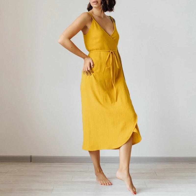 Ärmelloses Sommerkleid aus Baumwoll Crêpe Mesh mit V Ausschnitt