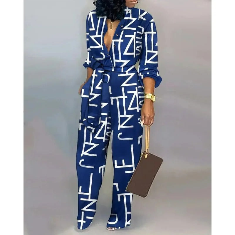 Jumpsuit im Business Stil mit Patchwork Muster und Gürtel