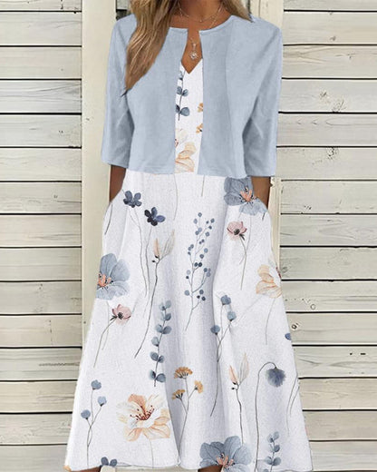 Unifarbener Mantel mit Blumendruck Damen Kleid Set für Sommermode