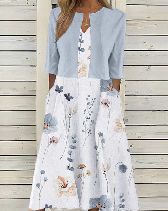 Unifarbener Mantel mit Blumendruck Damen Kleid Set für Sommermode
