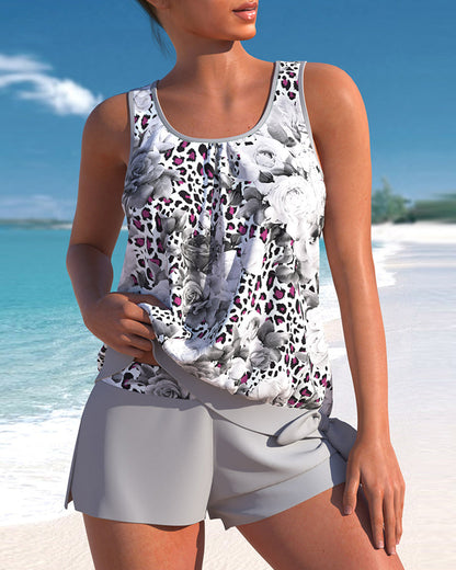 Olive Tankini mit hoher Taille und Druck