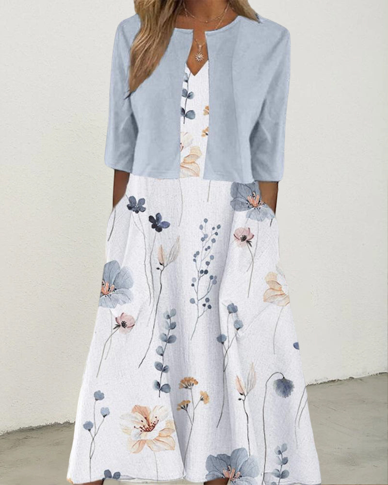 Unifarbener Mantel mit Blumendruck Damen Kleid Set für Sommermode