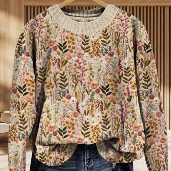 Frauen - Pullover - Grobnadel Wolle Kleine Blume bedruckt - Herbst