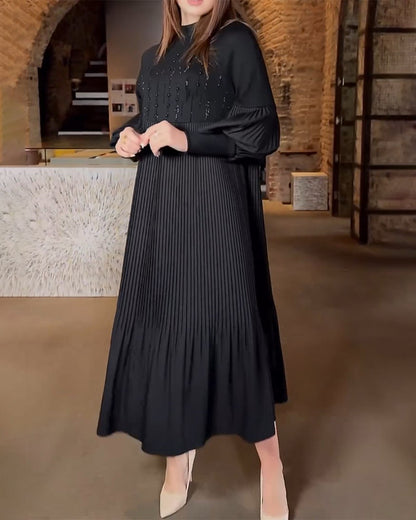 Damen - Kleid - Plissee-Puffärmel mit hohem Ausschnitt - Locker Plus Size - Winter